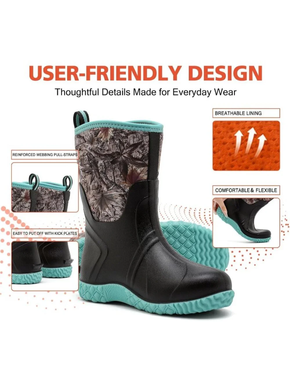 Women's Green Waterproof Breathable Mid Calf Design Garden Work Mud Rain Boots